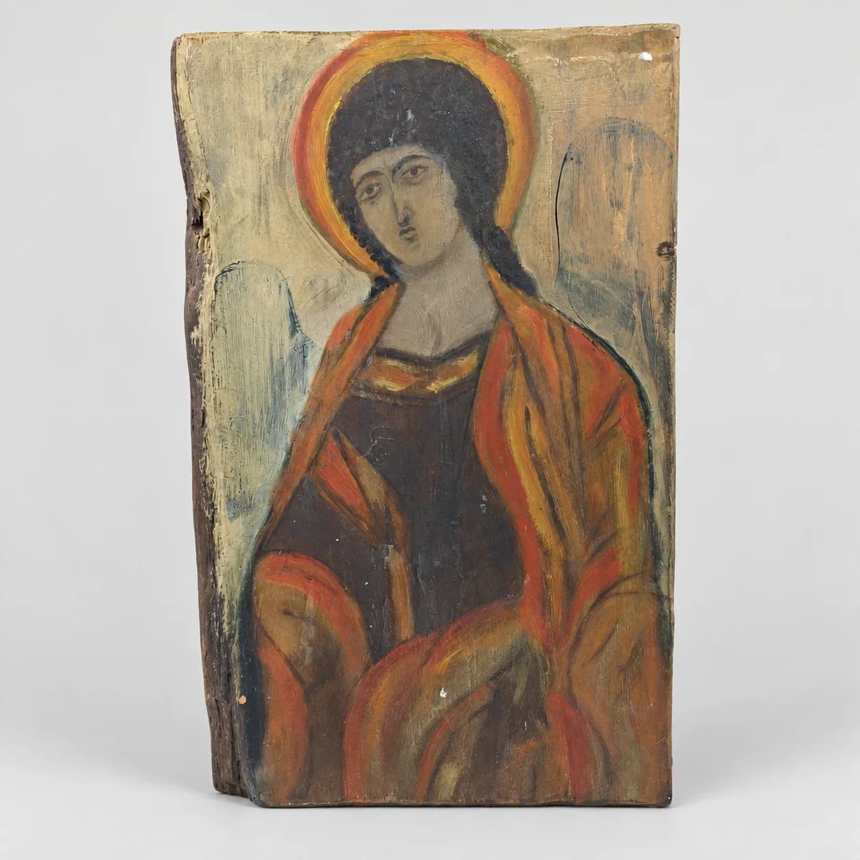 Peinture Religieuse Naïve sur Bois Brut – Icône / Personnage Sacré Style Art Populaire