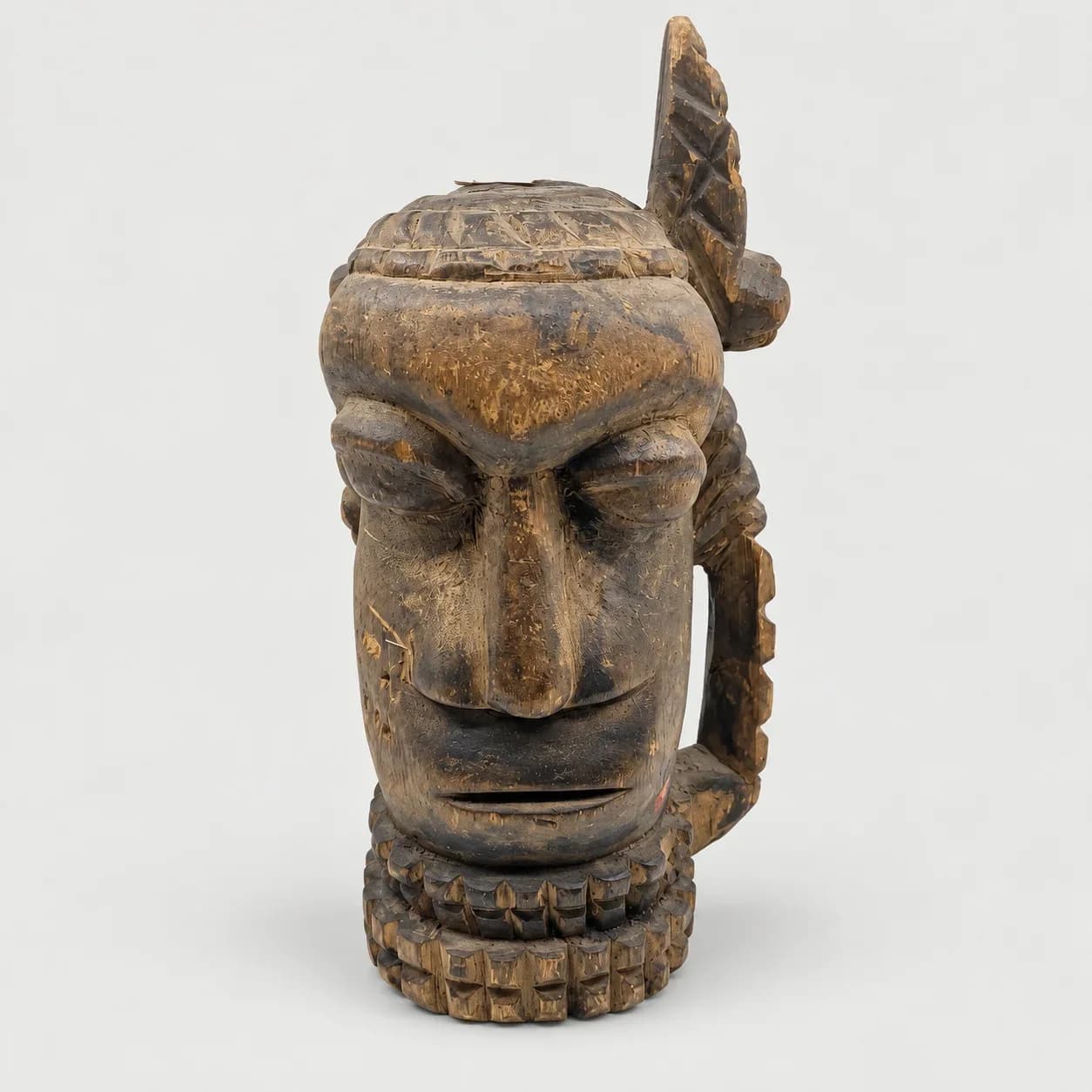 Sculpture Tête Anthropomorphe en Bois Sculpté – Style Art Tribal / Ethnique Vintage