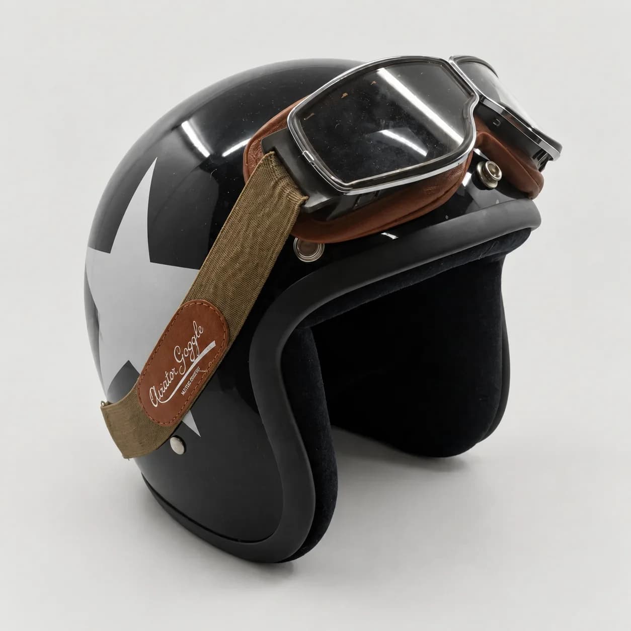 Casque Moto Jet Vintage Noir Étoile Blanche avec Lunettes Style Aviateur